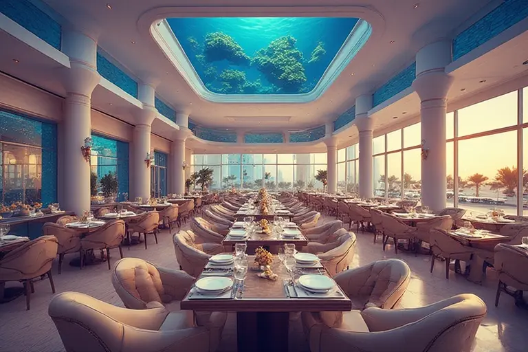 The interior of Al Mahara restaurant at Burj Al Arab, with a large, glowing aquarium in the center.