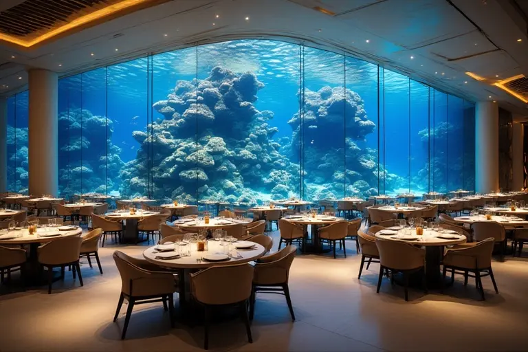 The interior of Al Mahara restaurant, with tables set for dinner next to the floor-to-ceiling aquarium filled with fish.