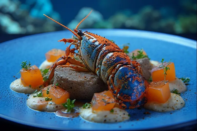 A Michelin-star seafood dish from Al Mahara, beautifully presented on a white plate.