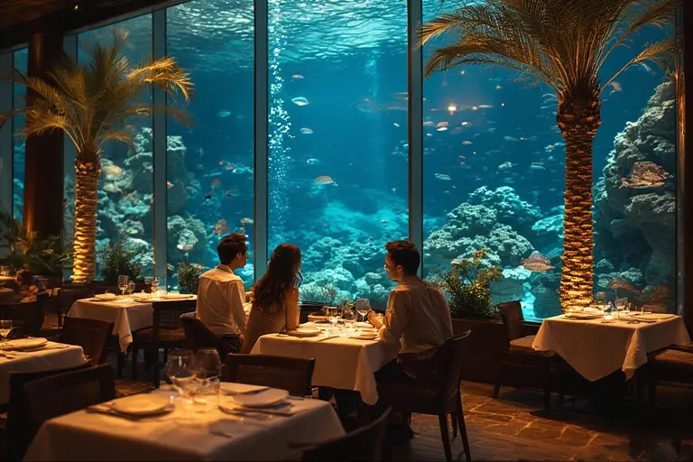A couple enjoys a romantic dinner at Al Mahara restaurant inside the Burj Al Arab, sitting next to the large, vibrant aquarium.