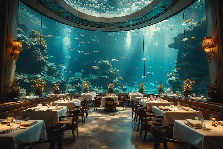 The Al Mahara restaurant inside the Burj Al Arab, featuring its floor-to-ceiling aquarium.