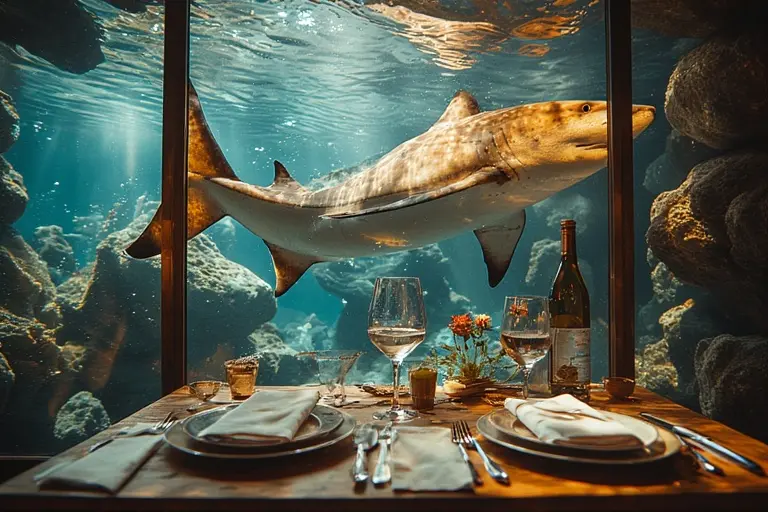 A romantic dinner table for two at Al Mahara, set right next to the aquarium glass as a large ray swims by.