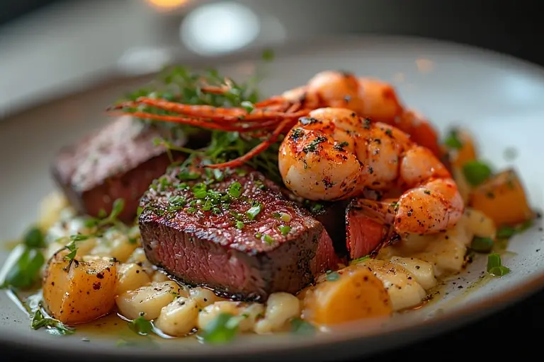 A beautifully plated Michelin-star dish from Al Muntaha restaurant, showcasing its fine dining quality.