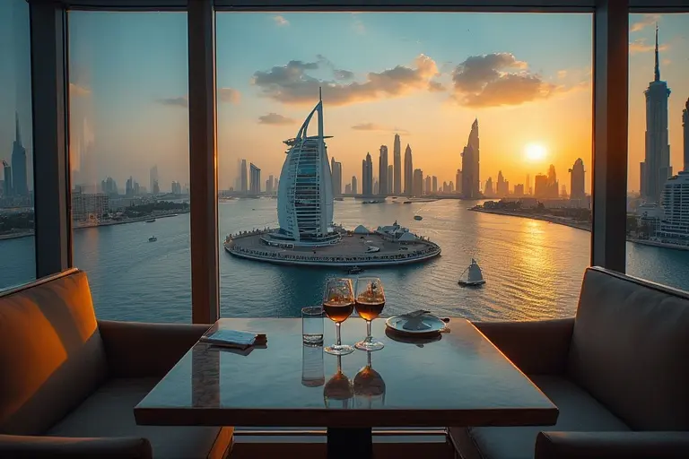 A stunning sunset view of The Palm Jumeirah and Dubai skyline from a table at Al Muntaha restaurant.