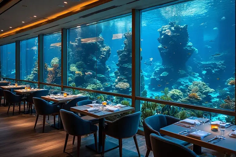 The Al Mahara restaurant inside the Burj Al Arab, with dining tables set against the backdrop of a large, vibrant aquarium.