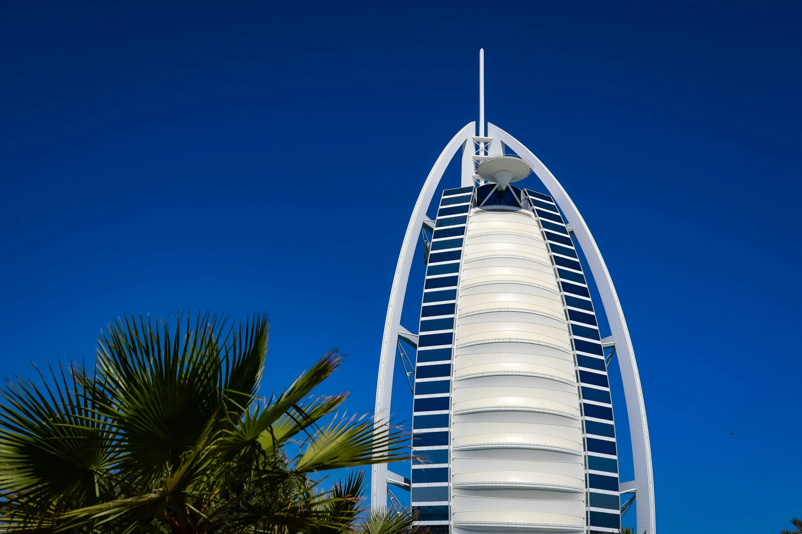 Detail of the architectural exoskeleton and white sail facade of the Burj Al Arab.