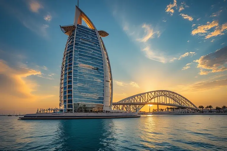The iconic sail-shaped architecture of the Burj Al Arab hotel in Dubai at sunset.