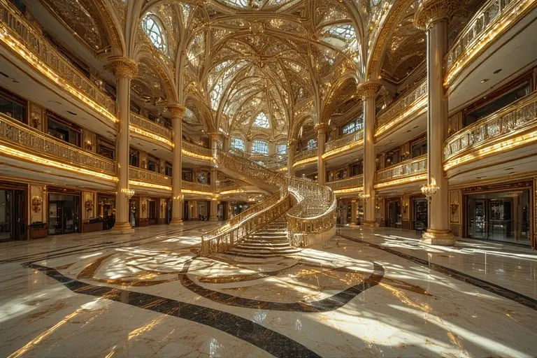 The towering golden atrium inside the Burj Al Arab hotel, showcasing its grand scale.