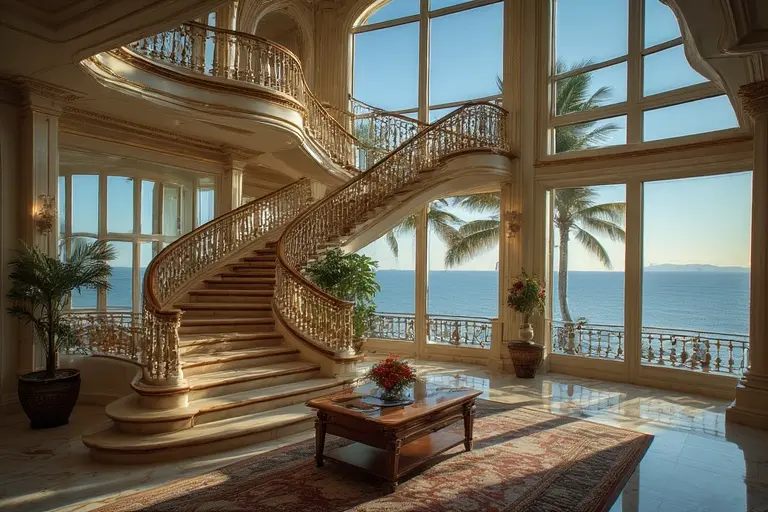 The interior of a two-story Deluxe Suite at the Burj Al Arab, showing the staircase and luxurious lounge area.