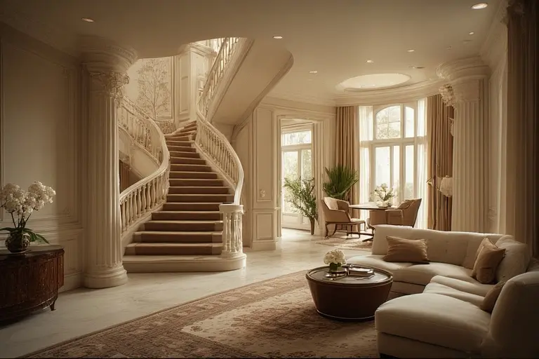 The opulent living room and staircase of a one-bedroom Deluxe Suite inside the Burj Al Arab.