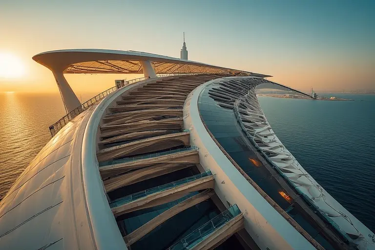 A detailed view of the steel exoskeleton and Teflon-coated sail architecture of the Burj Al Arab.