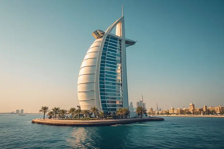 The iconic sail-shaped exterior of the Burj Al Arab Jumeirah hotel in Dubai, seen from its private access bridge.