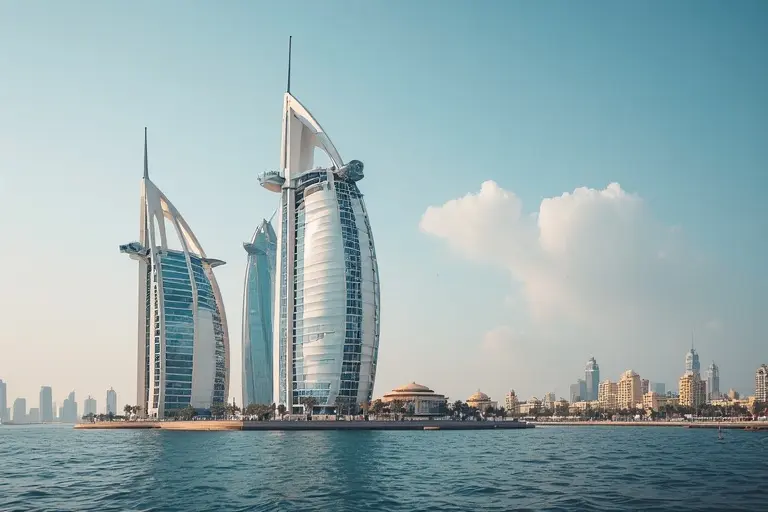 The iconic sail-shaped exterior of the Burj Al Arab hotel in Dubai.