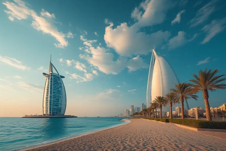 The iconic sail-shaped exterior of the Burj Al Arab hotel against a clear blue sky.