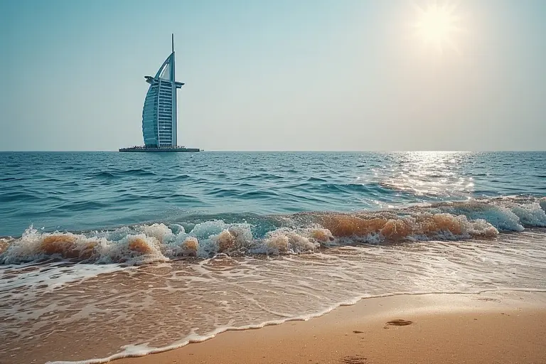 The Burj Al Arab Jumeirah hotel standing tall against a clear blue sky, viewed from the beach.