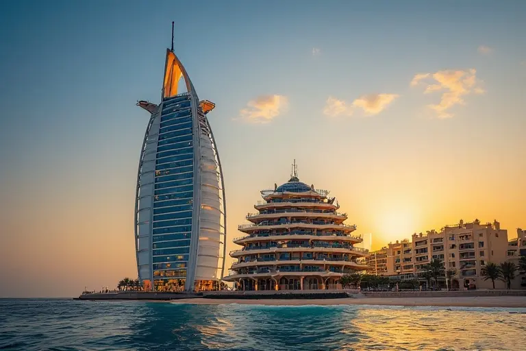 A stunning view of the Burj Al Arab hotel's sail-shaped structure against a clear blue Dubai sky.