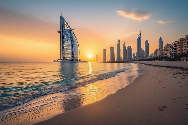 A full view of the Burj Al Arab hotel standing tall against a clear blue Dubai sky.