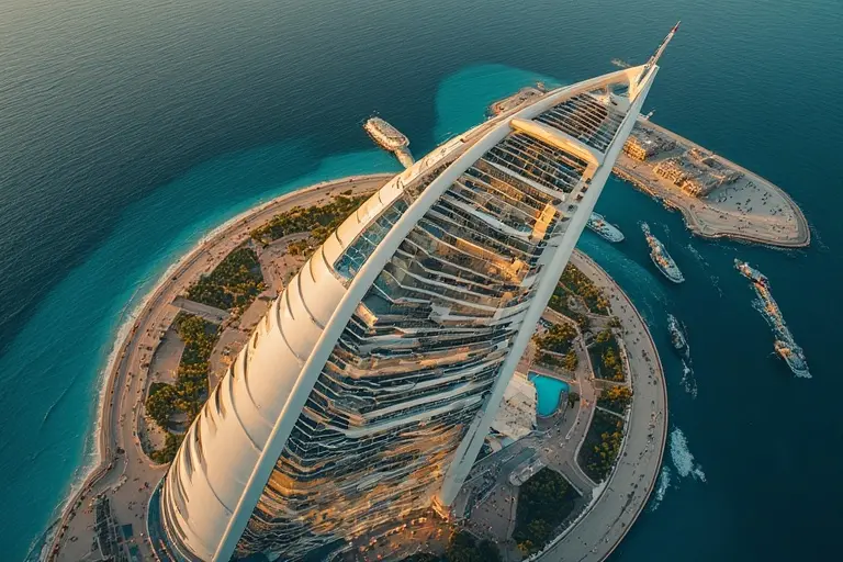 An aerial view of the iconic circular helipad on top of the Burj Al Arab in Dubai.