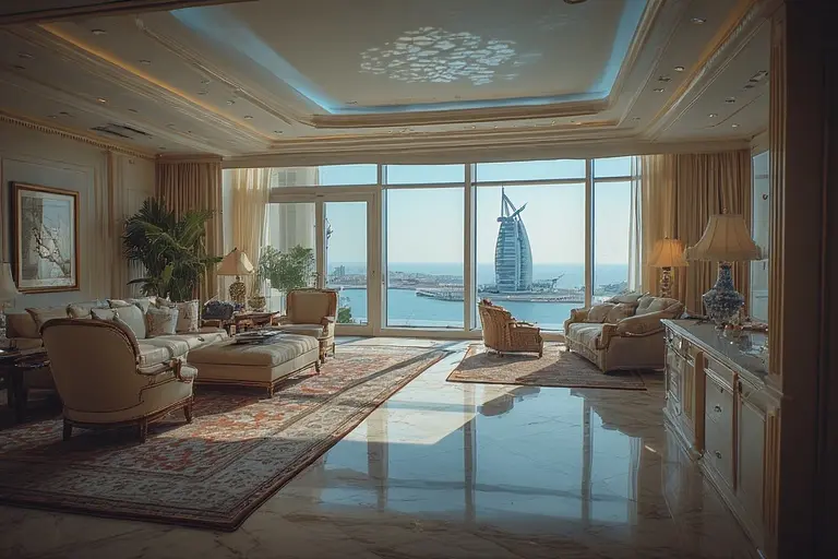 The interior of a luxurious two-floor honeymoon suite at the Burj Al Arab, with a grand staircase and ocean views.