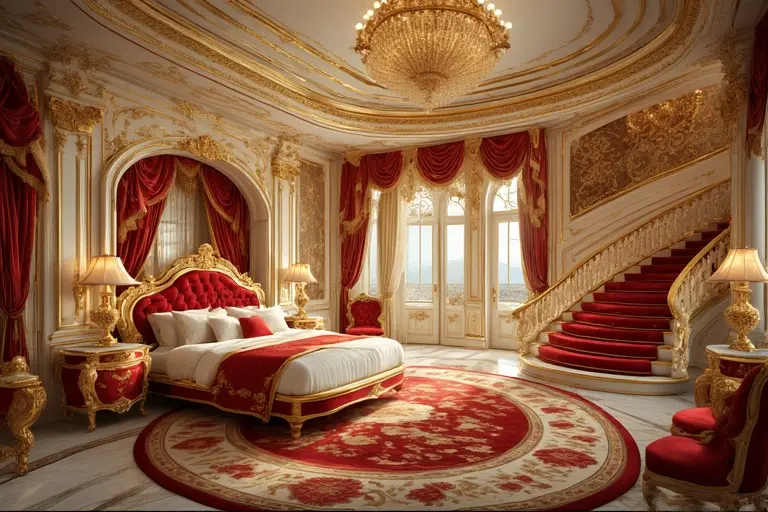 The opulent master bedroom of the Royal Suite in the Burj Al Arab, featuring the rotating canopy bed.