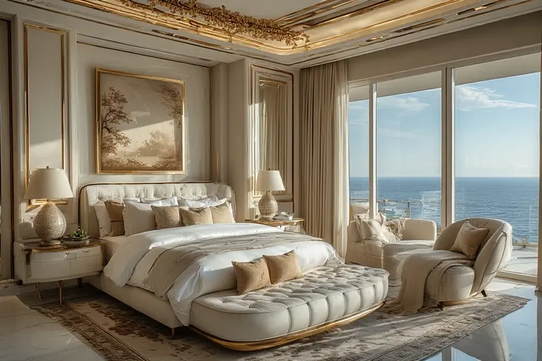The opulent master bedroom in the Burj Al Arab Royal Suite, featuring the large rotating canopy bed.