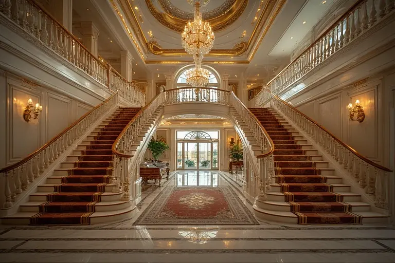 The interior of a duplex suite at the Burj Al Arab, featuring a grand staircase and opulent gold-trimmed decor.