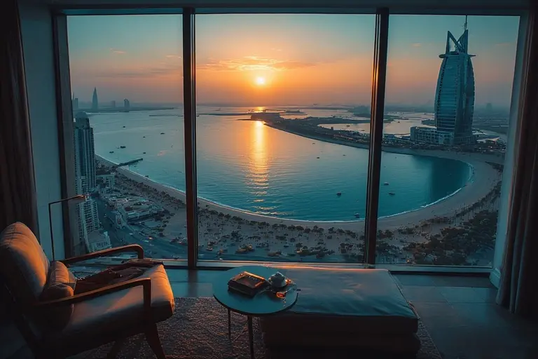 The floor-to-ceiling windows in the Burj Al Arab Royal Suite showing the blue ocean view.