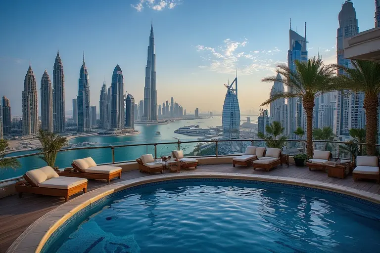 An aerial view of The Terrace at Burj Al Arab, showing the luxury pools and cabanas by the sea.