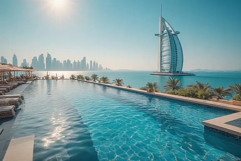 The stunning infinity pool on The Terrace at the Burj Al Arab, overlooking the Arabian Gulf.