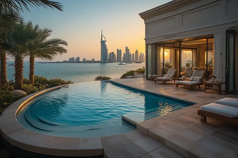 The luxurious private Terrace at the Burj Al Arab with its infinity pool and cabanas overlooking the sea.