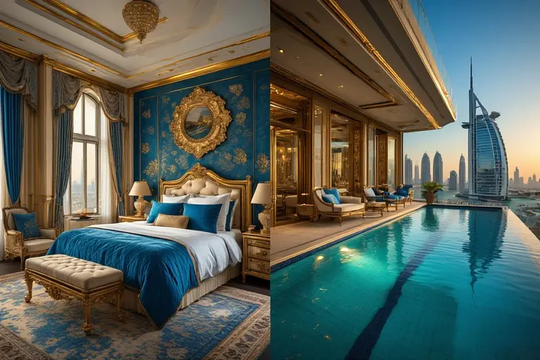 A comparison of suites, showing the classic luxury of the Burj Al Arab next to the modern sky pool suite at Atlantis The Royal.