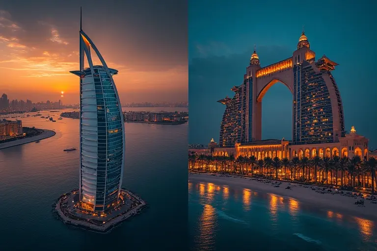 A comparison image showing the sail-shaped Burj Al Arab on the left and the modern Atlantis The Royal on the right.
