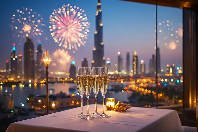 A luxury VIP table setting with champagne overlooking the Burj Khalifa fireworks display for New Year's Eve 2026.