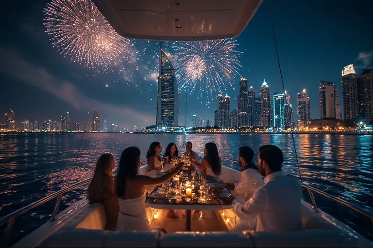 Celebrating New Year's Eve 2026 on a private luxury yacht charter near Atlantis The Palm.