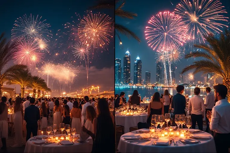 Comparison of a crowded general admission viewing spot versus a relaxed VIP table for Dubai New Year's Eve fireworks.