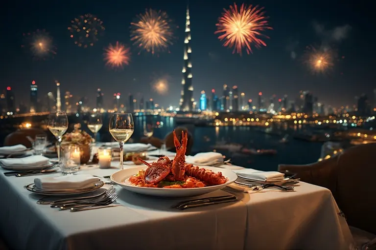 Gourmet dining experience at Address Sky View with a backdrop of the Dubai skyline.