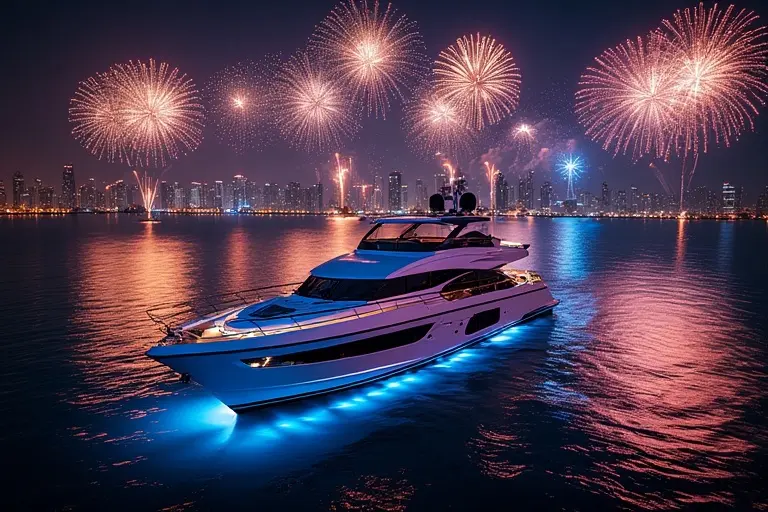 Aerial view of a private yacht watching fireworks in Dubai Marina.