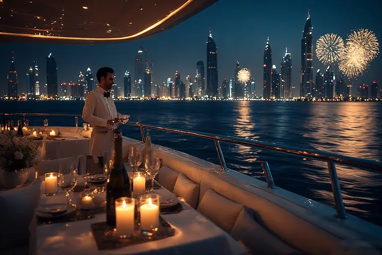 Celebrating New Year's Eve on a private luxury yacht charter in Dubai Marina with skyline views.