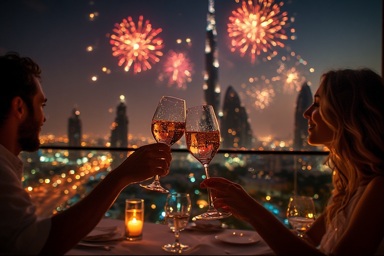 Dining at a luxury restaurant with direct views of the Burj Khalifa laser show and fireworks.
