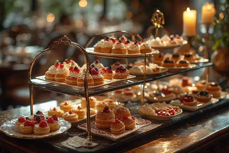 A close-up of the elegant 7-course afternoon tea stand at Sahn Eddar, featuring delicate pastries and savory tarts.