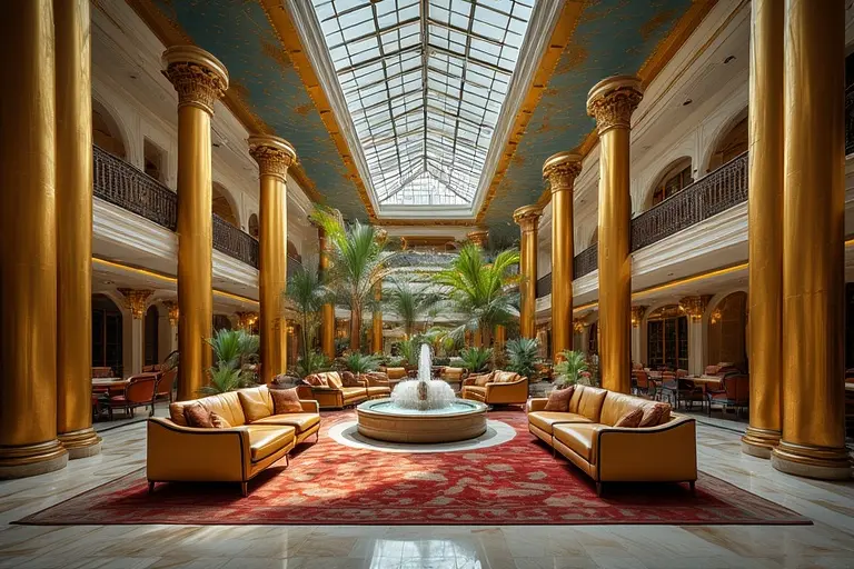 The grand atrium lounge of Sahn Eddar in the Burj Al Arab, showing its tall gold pillars and colorful decor.