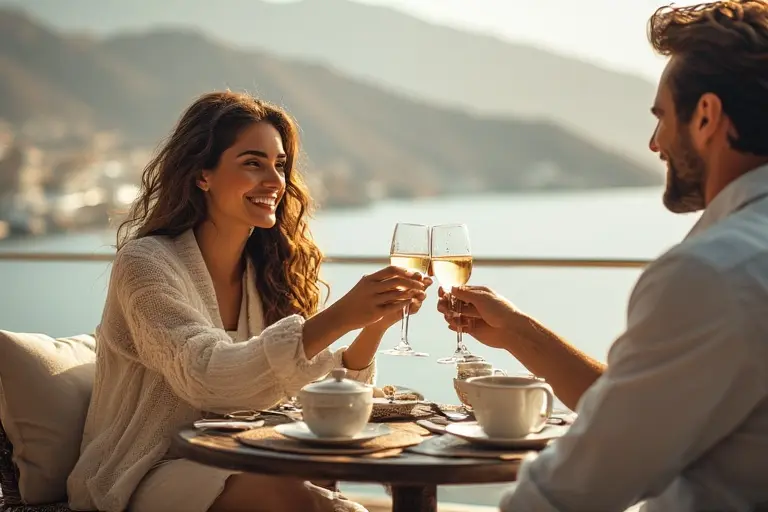 A couple dressed in smart casual attire enjoying afternoon tea at the Sahn Eddar lounge in Dubai.