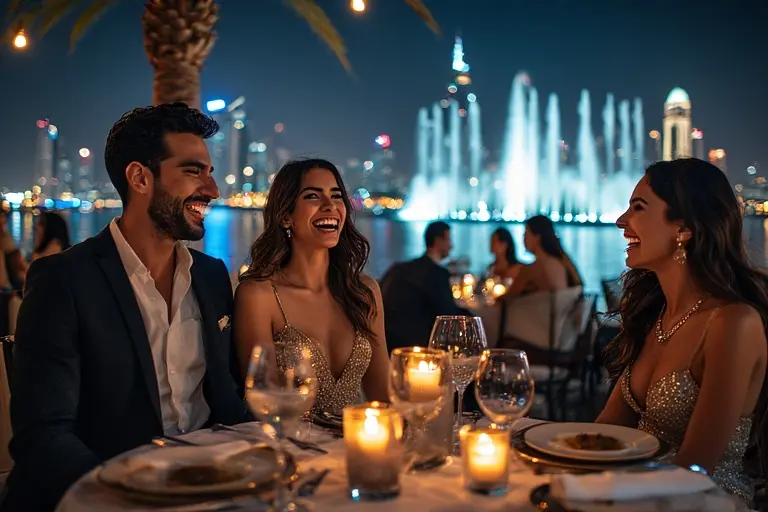 Guests enjoying a gala dinner at Souk Al Bahar with spectacular views of the Dubai Fountain.