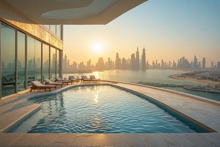 A stunning view from the Talise Spa infinity pool at the Burj Al Arab, showing the pool and the city skyline.