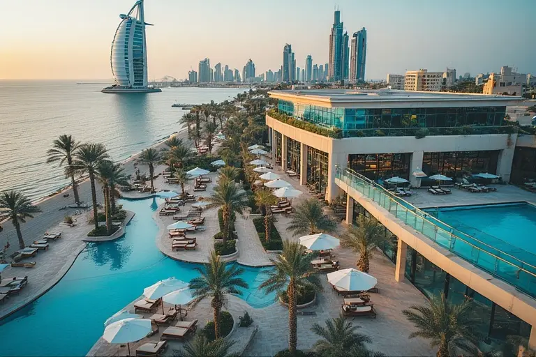 An aerial view of The Terrace at Burj Al Arab, showing the freshwater and saltwater pools stretching out into the Arabian Gulf.