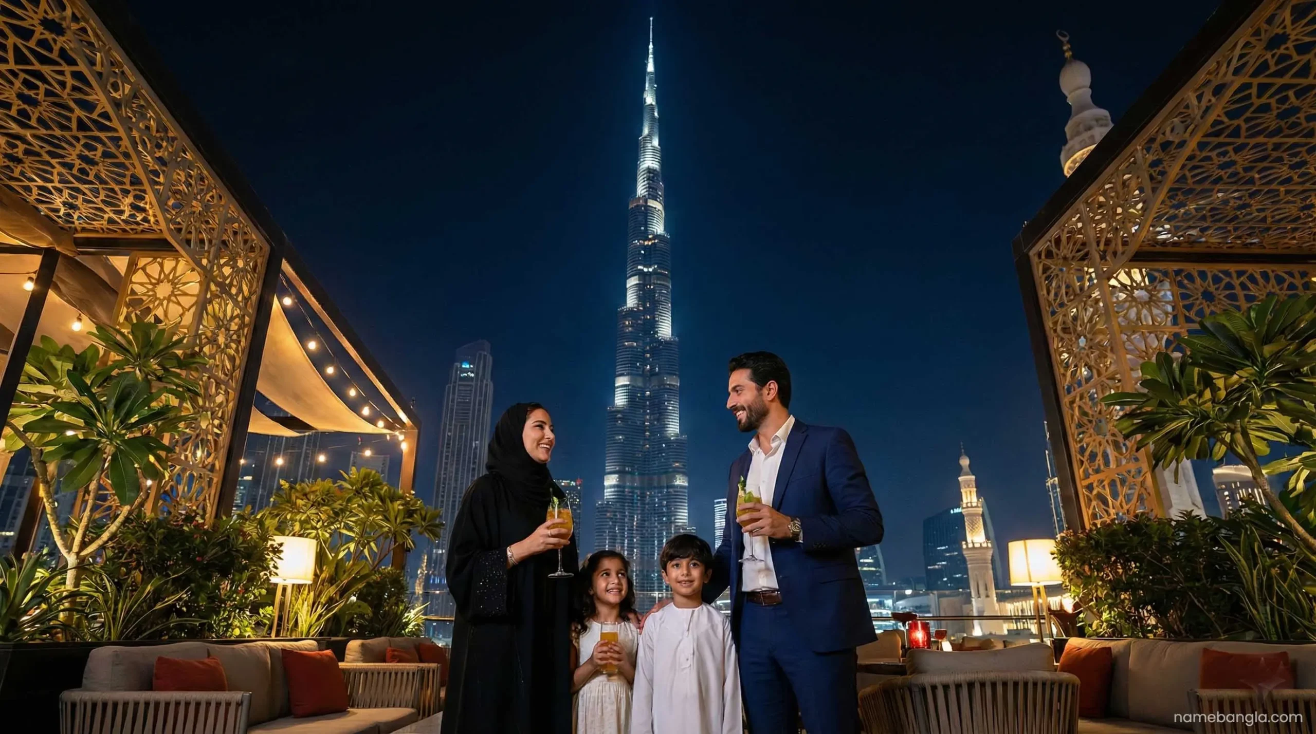 CÉ LA VI Dubai rooftop bar night view of Burj Khalifa.