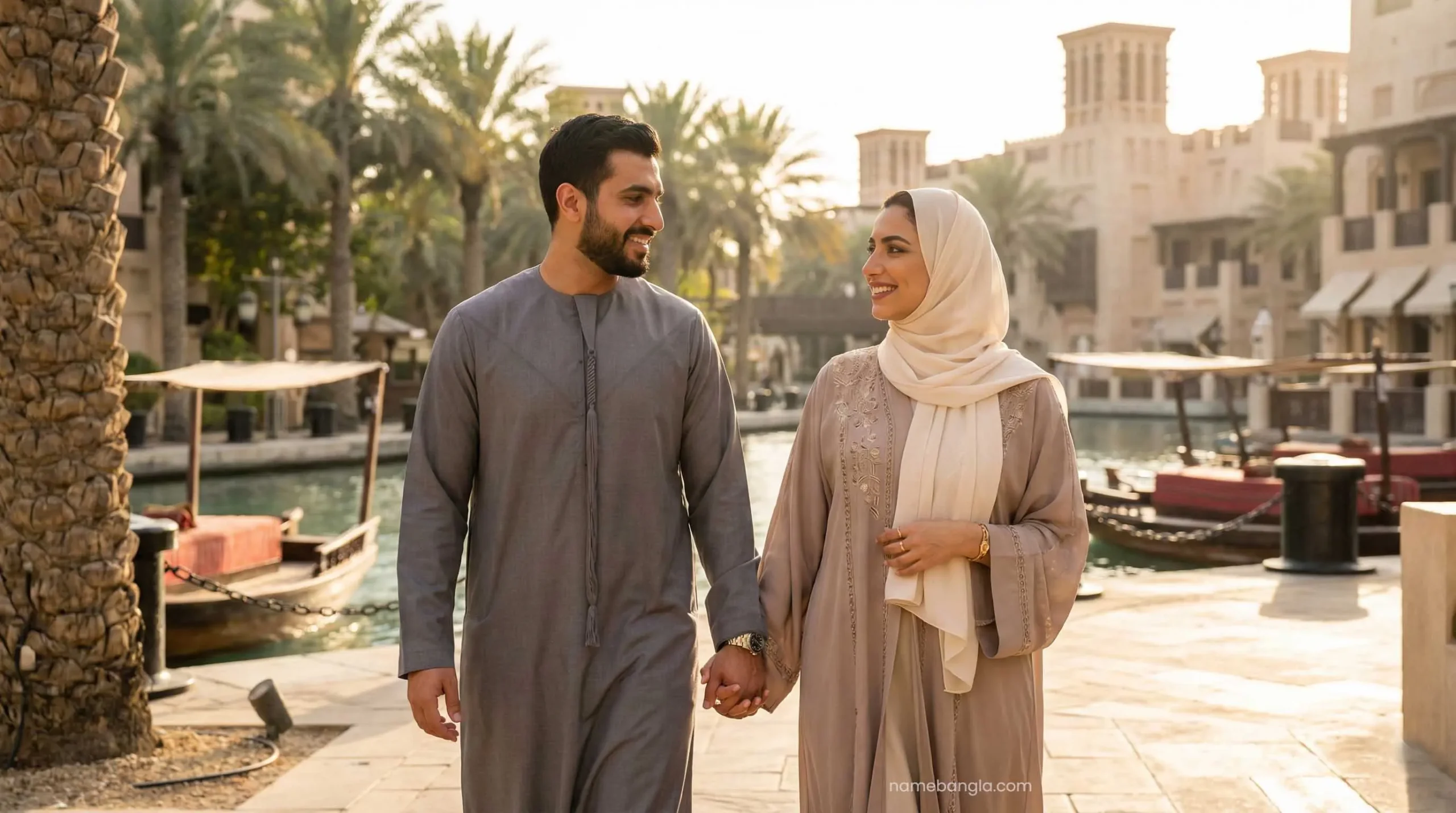 Romantic couple walking in Madinat Jumeirah Dubai honeymoon.