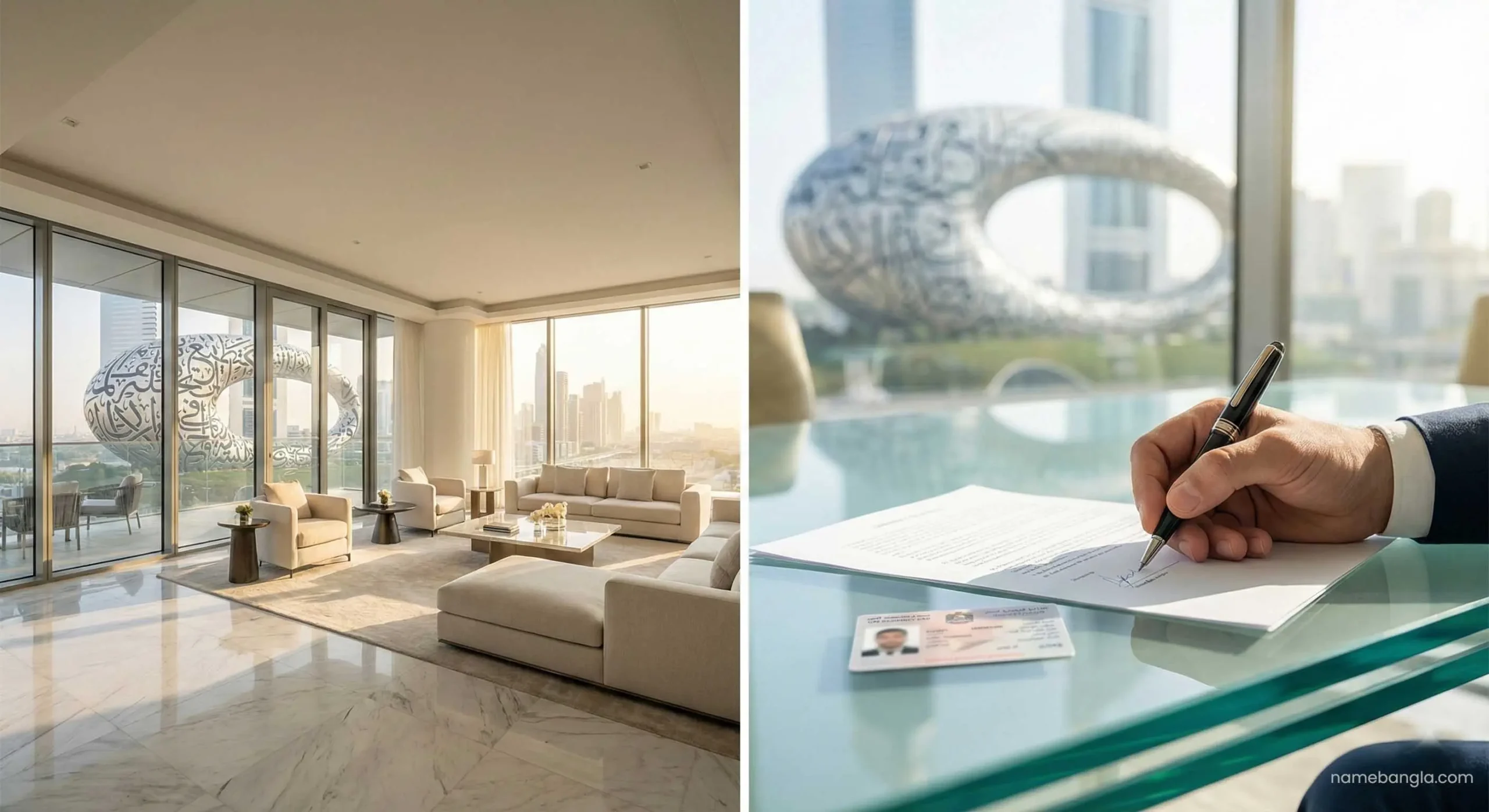 Signing documents for Dubai Golden Visa property investment application.