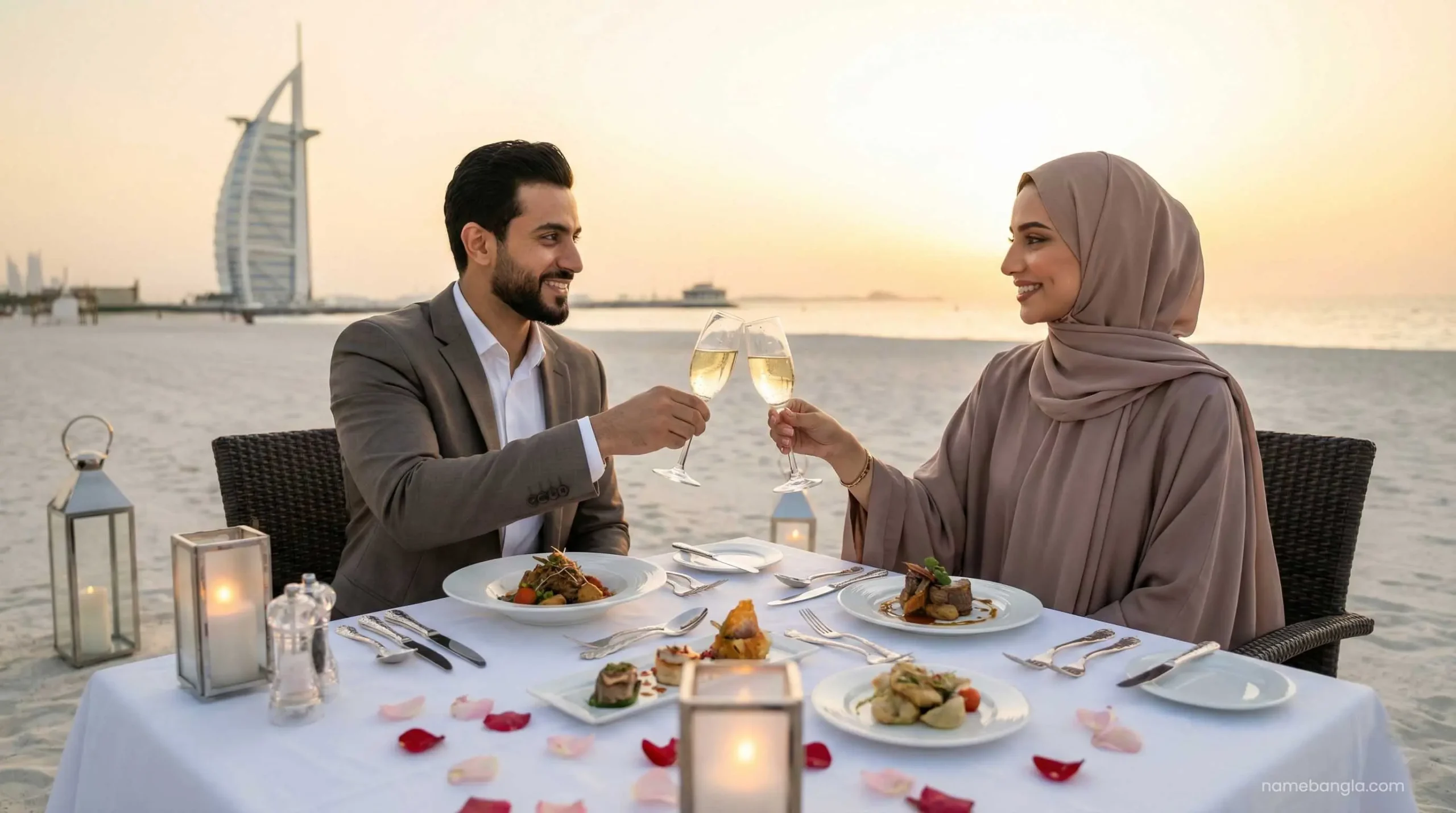 Romantic honeymoon dinner on Dubai beach with Burj Al Arab view 2026.