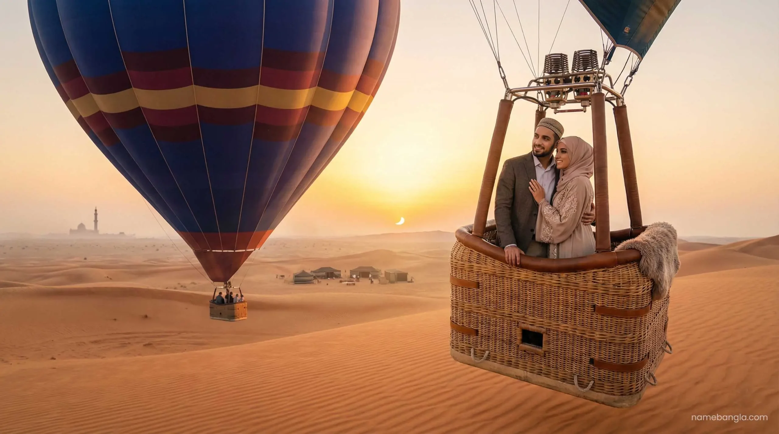 Romantic sunrise hot air balloon ride over Dubai desert for couples.